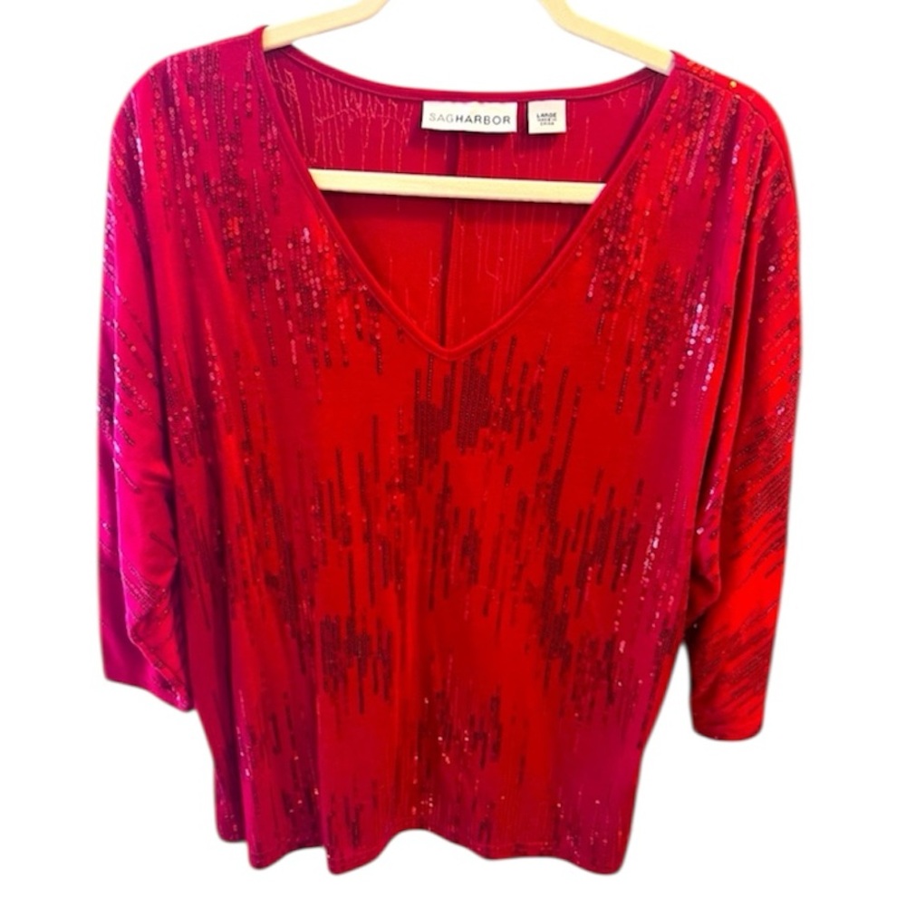 Vivid Red Sequin V-Neck Dolman 3/4 Sleeves by Sag Harbor. Size = Large.